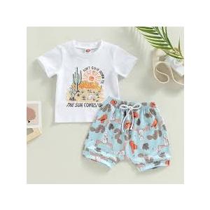 Kaipiclos Western Newborn Baby Boy Clothes Cactus Cow Print Short Sleeved T-Shirt and Casual Drawstring Shorts Summer Outfit, 2-3 Yrs Old 