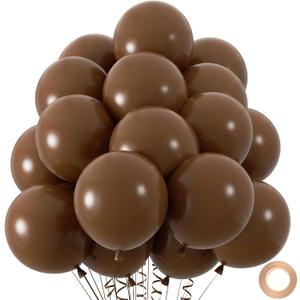 50pcs Brown Balloons, 12inch Dark Brown Latex Neutral Balloons for Birthday Party BOHO Wedding Bear Baby Shower Decoration (With Ribbon & Glue)