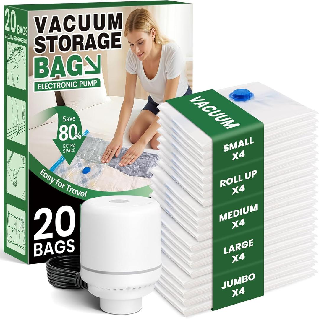 FUNFERY 20 Pack Vacuum Seal Bags for Clothing Travel,Vacuum Storage Bags with Pump,Compressing Packing Bag for Clothes,Blankets,Comforters,Home Storage,Space Saving Bag for Moving Supplies-Combo Set