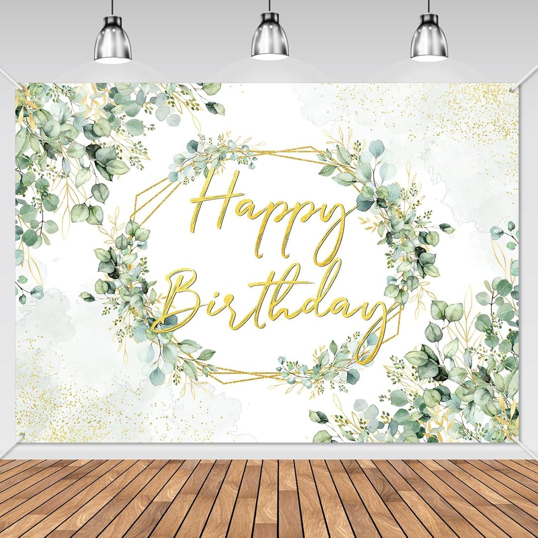 Avezano Sage Green Birthday Backdrop Greenery Eucalyptus Leaves Birthday Party Background Bday Party Decorations for Women Adults 7 x 5 ft