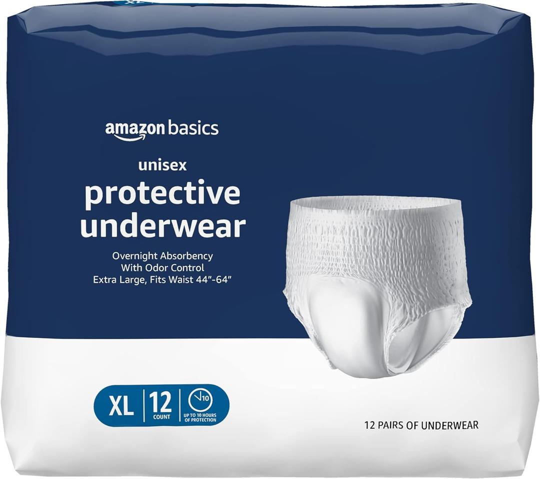 Amazon Basics Unisex Protective Underwear, Overnight Absorbency, Extra Large, 12 Count, (1 Pack of 12) (Extra Large)