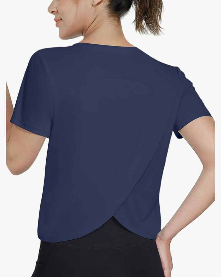 Women's Workout Shirts Short Sleeve Cropped Split Back Athletic Tops Active Running Gym Quick Dry Sun Shirts UPF 50+ L Pack of 2