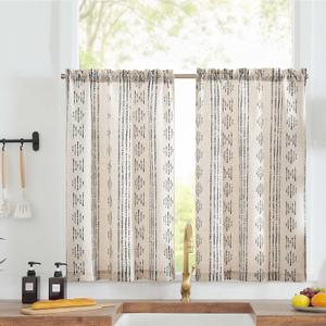 jinchan Boho Kitchen Curtains Linen Tier Curtains 24 Inches Bohemian Cafe Small Drapes Striped Mudcloth Farmhouse for Bathroom RV Camper Light Filtering Rod Pocket 2 Panels Black on Beige (26"W x 24"L (Pack of 2), Boho Black on Beige)
