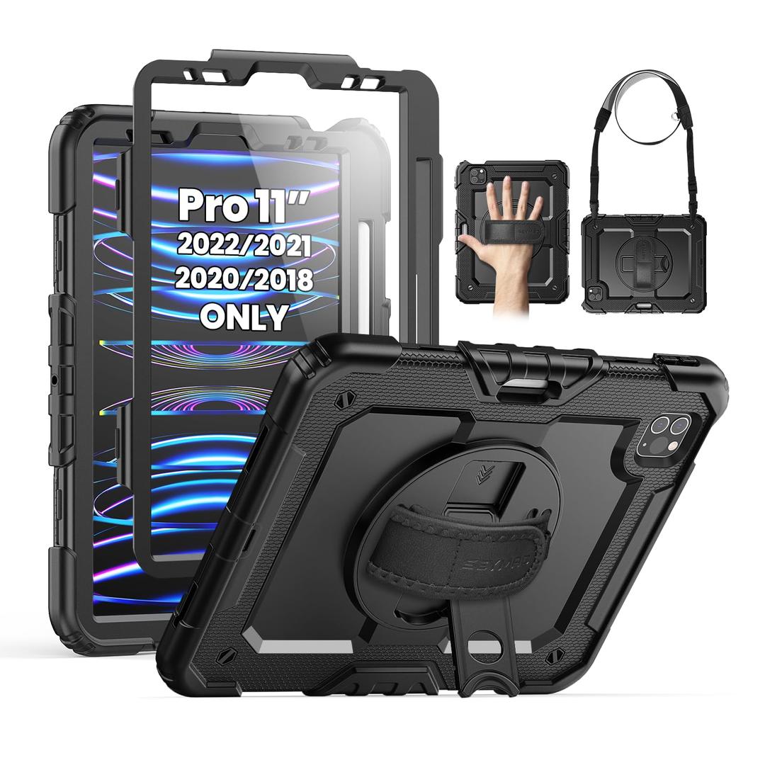 SEYMAC Case for iPad Pro 11 Case 4th/ 3rd/ 2nd/ 1st Gen (2022/2021/2020/2018), Full-Body Shockproof Protective Case with Screen Protector, 360° Rotating Stand and Hand/Shoulder Strap, Black