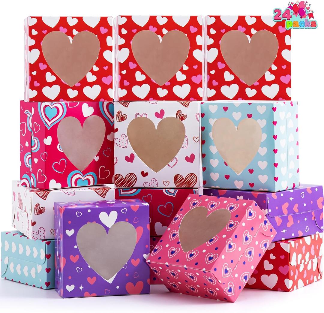 JOYIN 24 Pcs Valentines Day Bakery Treat Boxes,Valentines Cupcake Boxes,Cookie Cardboard Boxes with with Heart PVC Window for Holiday Pastries,Wedding Doughnut (red)