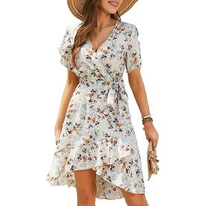 Womens Wrap V Neck Short Sleeve Dress 2025 Summer Floral Boho Dress Ruffle A Line Flowy High Low Midi Dresses, Size: M
