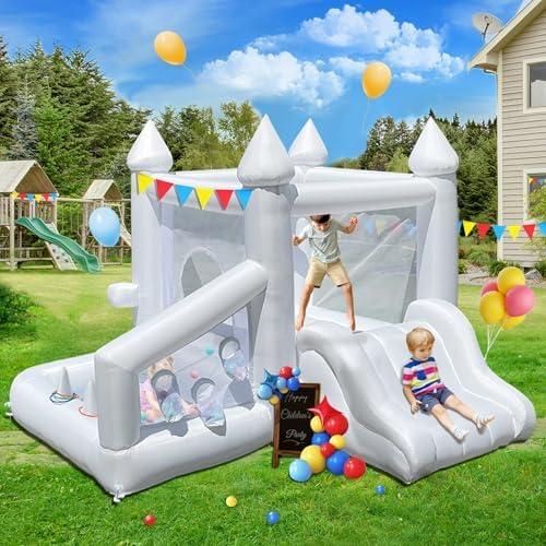 White Bounce House,Indoor Bounce House for Kids 3-6 with Ball Pit & Slide,Inflatable Bouncy Castle for Birthday Party Wedding Backyard Gifts