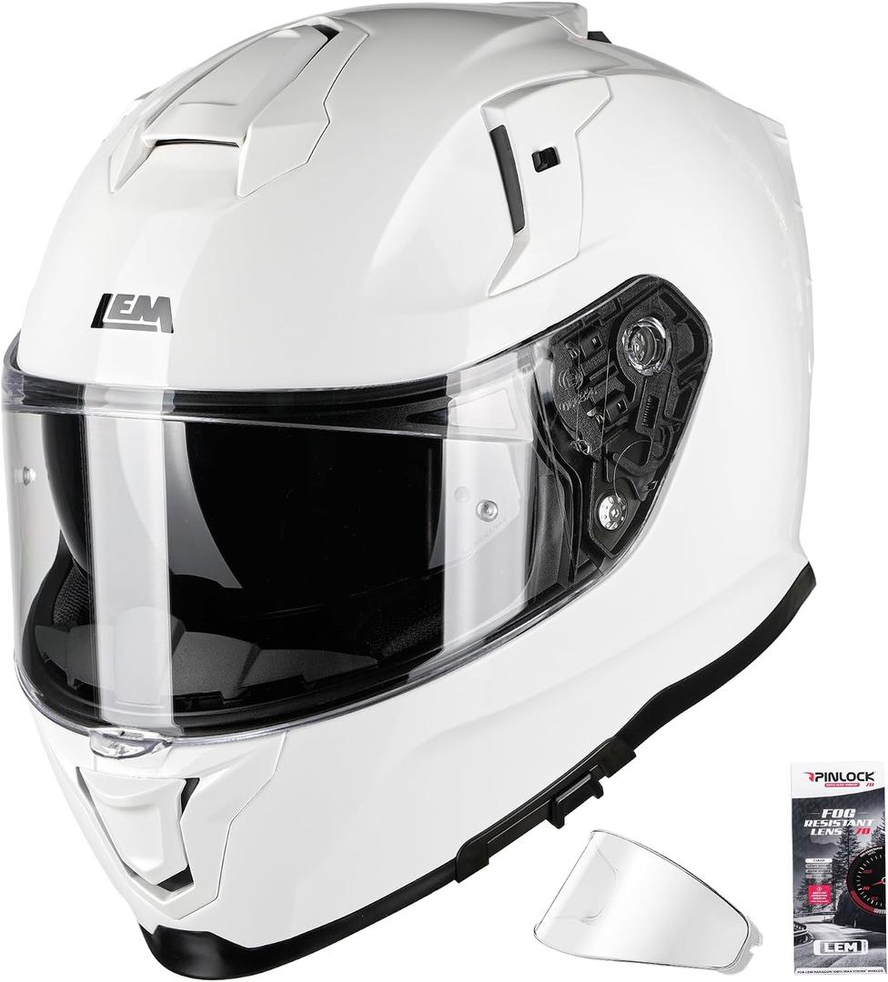 LEM Motorcycle Helmets Full Face for Men, Motorcycle Helmet for Adults, DOT Certified, PINLOCK & DVS Dual Vision, Motorcycle Street Bike Helmet, Bluetooth Speaker Pockets (White X-Large) VZN FP09 (White, XL)