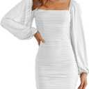 MASCOMODA Women Elegant Square Neck Lantern Long Sleeve Mini Ruched Bodycon Dress Stretch Mesh Slim Party Cocktail Dresses (X-Large, White)