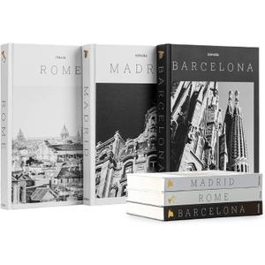 Set of 3 XL Decorative Blank Hardcover Books for Decoration - Great for Tabletops, Coffee Tables, & Bookshelves - City Theme Minimalist Home Decor - Madrid, Rome, Barcelona