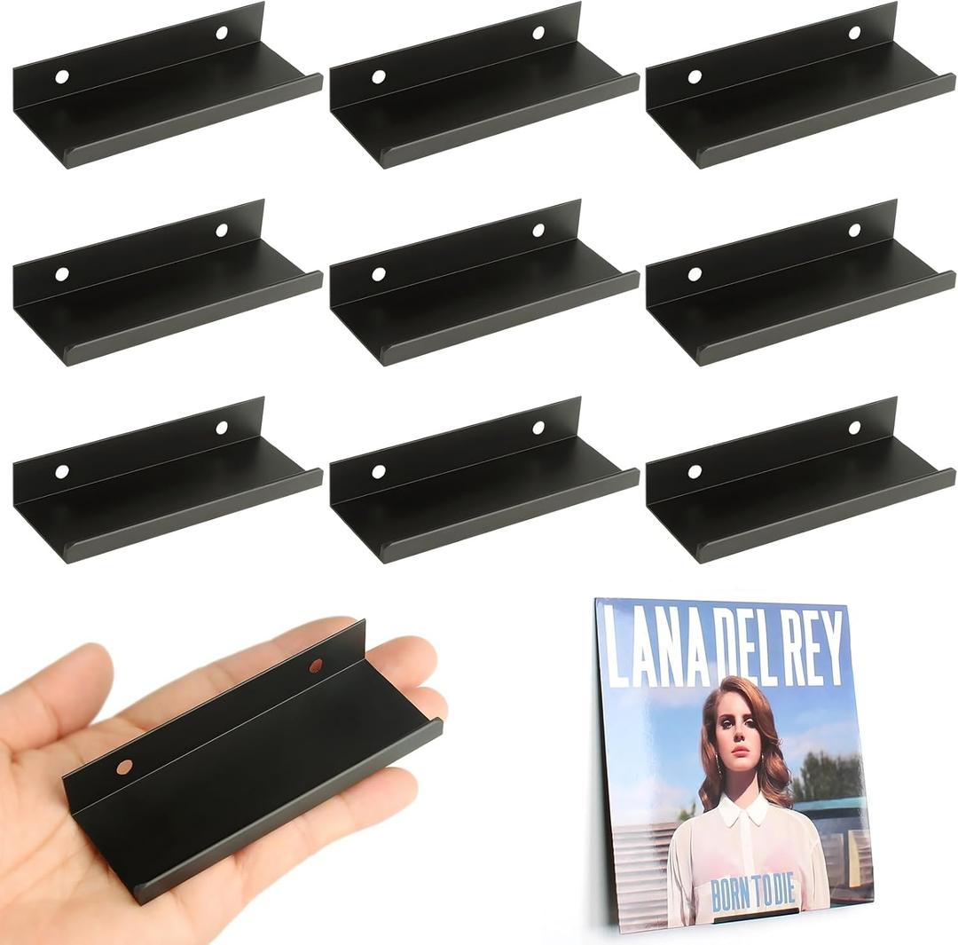 Vinyl Wall Mount 9 Pack, Metal Vinyl Shelf Minimalist Record Display Your Favorite Albums Stylish Record Holder Wall Modern Office Home Decor for Music Lovers Collectors, Industrial Black (9)