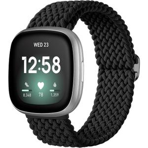 Maledan Braided Stretchy Band Compatible for Fitbit Sense/Versa 3/4 and Sense 2, Soft Elastic Strap Bracelet Wrist Bands for Smart Watch, Accessory for Men and Women (1-Black)