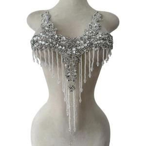 Pure Handmade Rhinestones Beads Patches Trim Bodice Applique Sewing Fringe Tassel Chain for DIY Clothing Wedding Decoration 15X19.6inches (Clear AB)