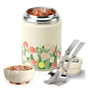 Juome Thermo for Hot Food, 18oz Soup Thermo Lunch Box for Adults, Insulated Vacuum Food Jar Container with Spoon&Fork, Leak Proof Stainless Steel Wide Mouth Thermo for Hot & Cold Foods, Drinks (Tulip)