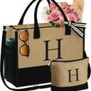 YOOLIFE Personalized Gifts for Women - Initial Jute Tote Bag & Makeup Bag, Birthday Gifts for Women Mom Wife Teacher Friend