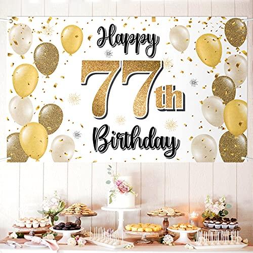 LASKYER Happy 77th Birthday Decorations,77th Gold Balloon Large Birthday Banner Backdrop Sign - Cheers to 77 Years Old Bday Party Supplies.