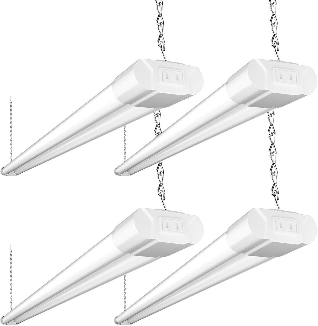 BBOUNDER 4 Pack Linkable LED Utility Shop Light, 4400 LM, Super Bright 6500K Cool Daylight, 4 FT, 48 Inch Integrated Fixture for Garage, 40W Equivalent 250W, Surface + Suspension Mount, White