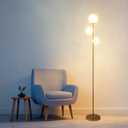 Fiqevs 3 Globe Mid Century Modern Floor Lamp for Living Room, Gold Standing Lamp with Frosted Glass Shade and 3x2700K Warm LED Bulbs, Vintage Retro Tall Lamps for Bedrooms, Office - Antique Brass 
