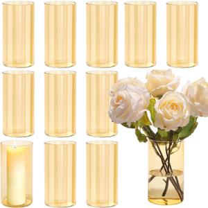 TBWIND 12pcs Glass Gold Amber Cylinder Vases for Centerpieces, 6 Inch Champagne Flower Vases for Wedding Decorations, Indoor Home Decor, Hurricane Candle Holder for Table Shelf, Party