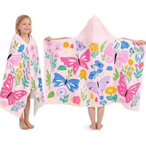 Kids Hooded Beach Towel, 100% Cotton Super Soft and Absorbent Bath Towel, 50" x 30" Large Size with 2 Snap Buttons for Ages 3-10, Cozy Cover Up for Pool, Beach, and Bath Time (Butterfly Garden)