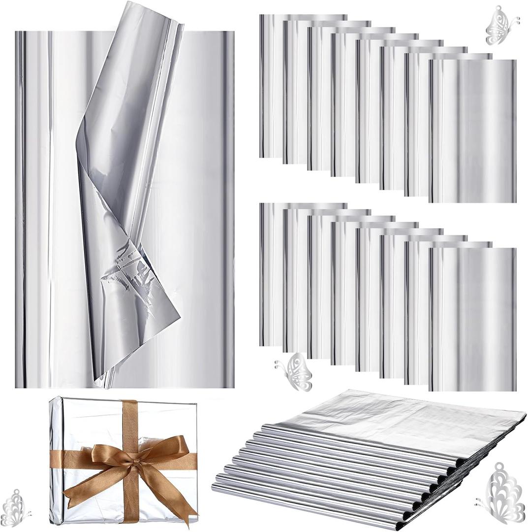Resurhang 100 Sheets Silver Tissue Paper, 15'' x 20'' Inches Metallic Foil Tissue Sheets, Silver Wrapping Paper Bulk for Craft DIY Gift Wedding Birthday Party Decorations Arts Project