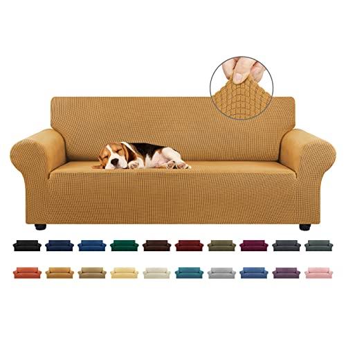 KEKUOU Stretch Sofa Cover Slipcover, Couch Covers for 3 Cushion Couch Sofa pet Friendly (78"-94") Furniture Protector Sofa with Elastic Bottom for Kids, Dog, Jacquard Small Checked (Large, Golden)