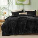 Bedsure Fluffy Comforter Set Queen - Super Soft Faux Fur Bed Set Black, All Seasons Warm Plush Fleece Bedding, 3 Pieces, 1 Shaggy Fuzzy Queen Size Comforter with 2 Pillowcases