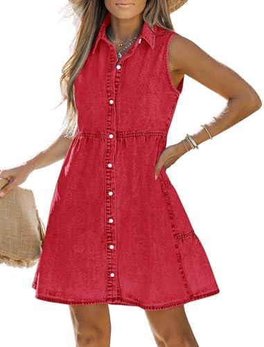 LookbookStore Denim Dress for Women Sleeveless Babydoll Button Down Short Jean Dresses Cute Summer Medium, Red 