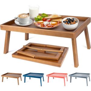 Bamboo Bed Table Tray with Support Bar and Foldable Legs, Breakfast Food Trays Table for Bed Sofa Eating and Laptops, TV Lap Tray Table on Couch (Applied for Invention Patent) (16.9x11.8x8 in, Vintage Brown)