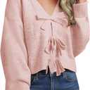 Saodimallsu Women's Bow Sweater Cropped V Neck Long Sleeve Fall Cozy Knit Loose Trendy Pullover Sweaters (Small, Pink)