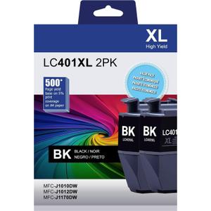 LC401XL Black Ink Cartridges, Compatible with MFC-J1010DW / J1012DW / J1170DW Printers, High Yield Replacement for Brother LC401XL LC401 Ink (2 Black, 2 Pack)