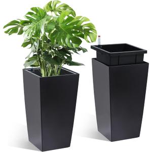GarveeLife 16 in Tall Planters Set of 2, OutdoorIndoor Black Planter Pots, High Front Porch Planter Pots with Drainage HolesWater Level MonitorInner Bucket, Automatic Watering,Black
