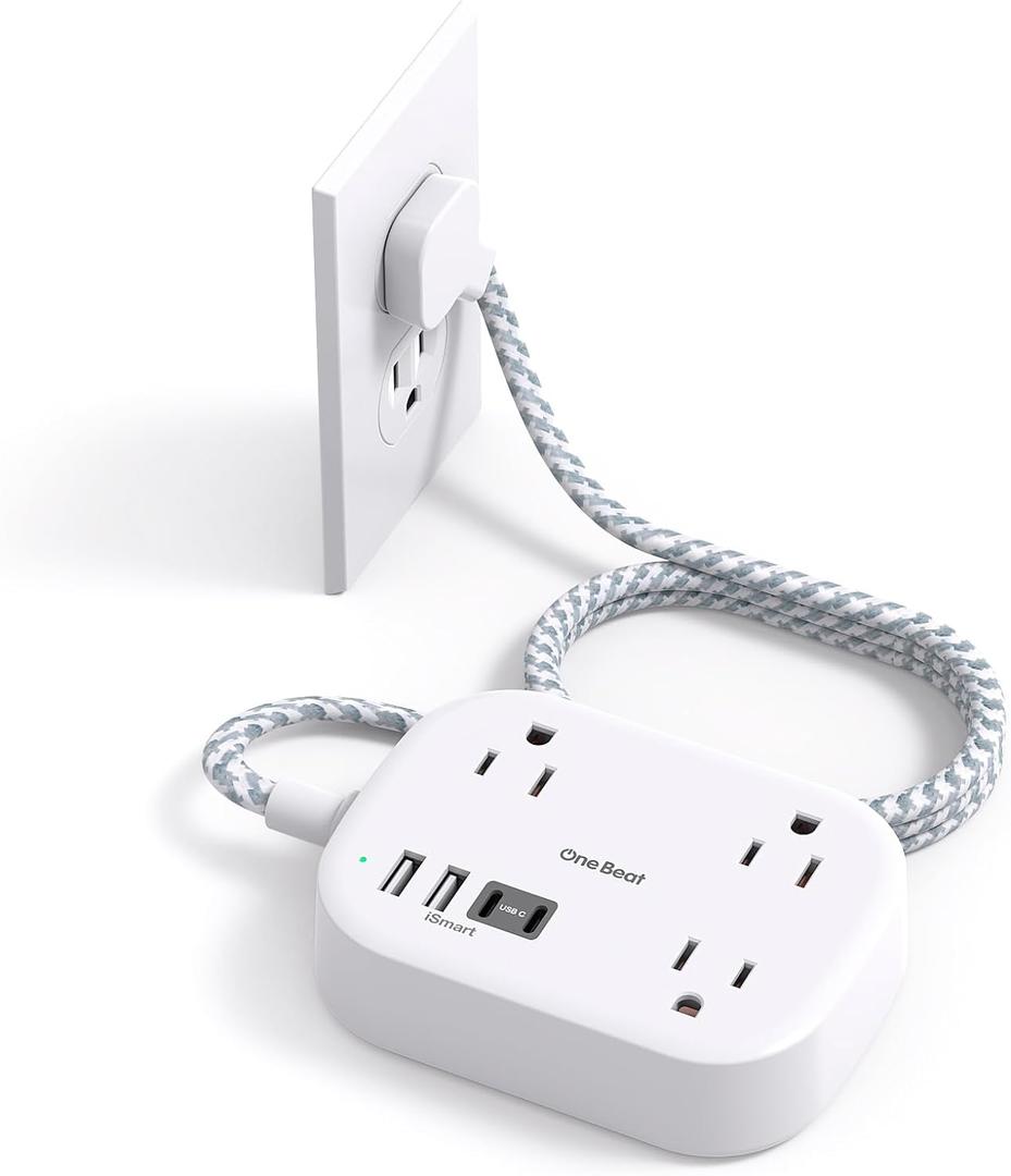Cruise Essentials 2025,One Beat Travel Power Strip with USB C,Flat Plug Extension Cord with 3 Outlets 4 USB Ports(2 USB C),5 ft Desk Wall Outlet Extender,Non Surge Protector for Cruise,Dorm Room,ETL (White)