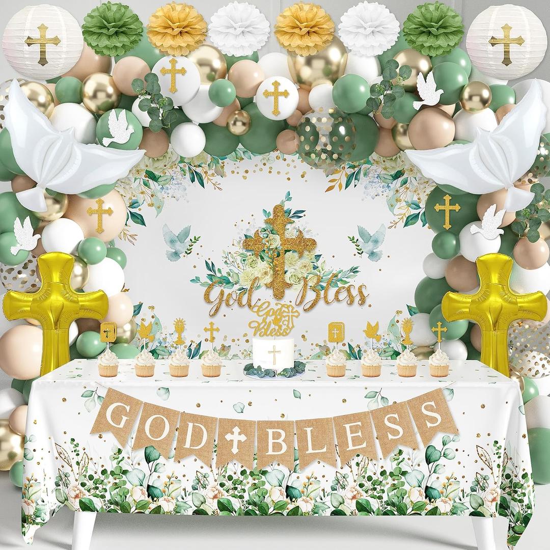 Baptism Decorations Bautizo Decorations - 117 Pcs Mi Bautizo Party Supplies First Communion Decor Boys Girls Baby Shower Christening Decorations God Bless Backdrop Tablecloth Banner Balloons Garland