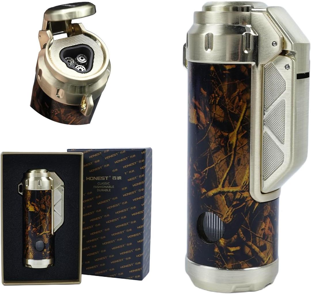 Torch Lighter,Triple Jet Flame Refillable Windproof Adjustable Butane Gas Lighter with Punch for Candle,Camping,Grill (Fuel Not Included)