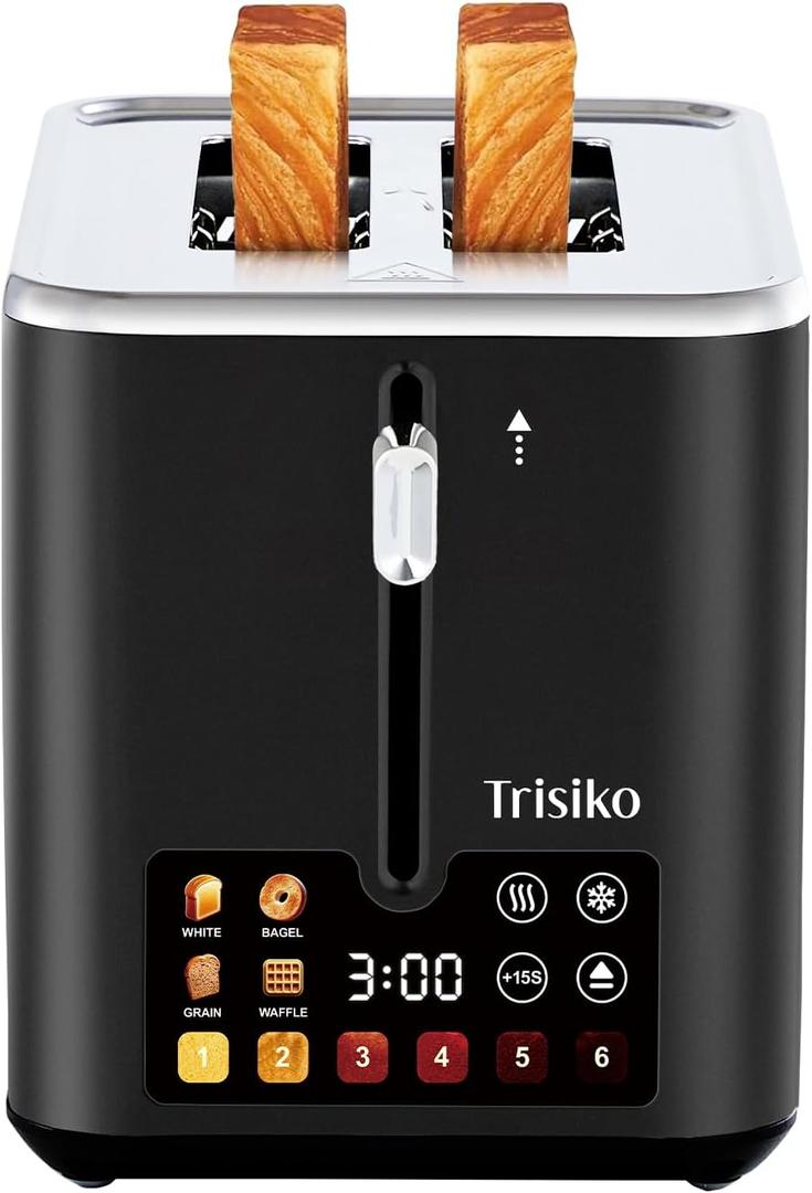Trisiko Touch Screen Toaster 2 Slice,Smart Toaster with Digital Timer, 1.38" Extra-Wide Slots for Bread& Bagel,with Reheat, Defrost, Cancel, +15s Boost, Great for Home, Office, Dorm (Black)