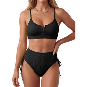 Palmipeta Women's High Waisted Tummy Control Bikini Sets Full Coverage 2 Piece Swimsuit Modest Bathing Suits Ribbed Swimwear Black L