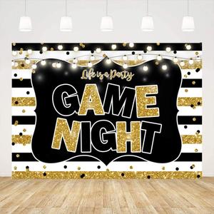 Ticuenicoa 9x6ft Game Night Party Backdrop Black and Gold Stripes Photo Background Game On Birthday Party Supplies Kids Adults Gaming Party Decorations Baby Shower Cake Table Photo Booth Props