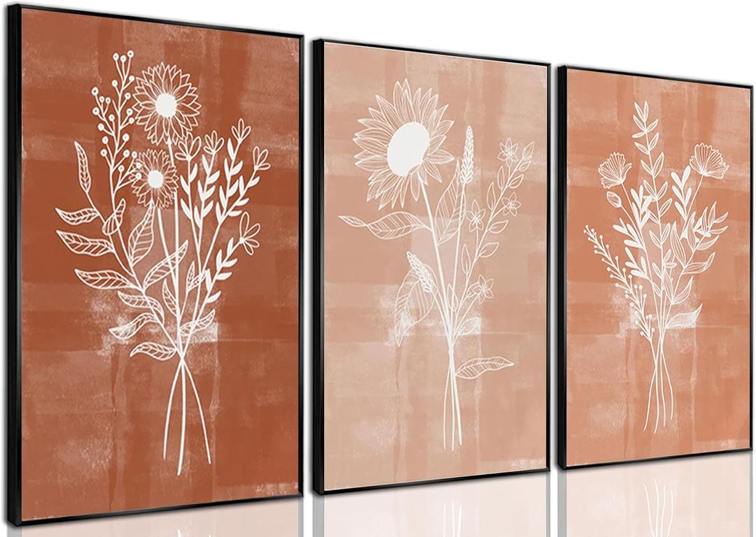 3Pcs Terracotta Floral Canvas Wall Art Mid-Century Flowers Bouquet Pictures Vintage Farmhouse Botanical Poster Prints Abstract Floral Wall Decor for Living Room Bedroom Office Bathroom 12x16in Unframed