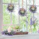 6 Pcs Lavender Candle Ring Pillar Wreaths Mini Purple Wreath Table Centerpieces 9 Inch Wreath for Cabinets Artificial Farmhouse Lavender Wreaths for Front Door Porch Wall Window