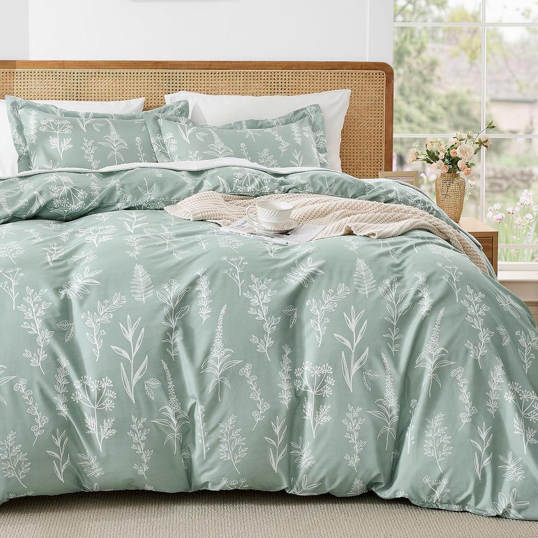 MUXHOMO Duvet Cover Queen Size, Reversible Floral Green Duvet Cover Set with Zipper Closure, 3 Pieces Botanical Patterns Soft Microfiber Bedding Set with 4 Ties (90"x90", 2 Pillow Cases) (01 - Green Leaves (No Comforter))