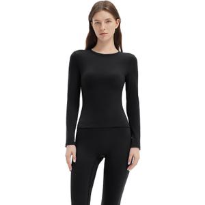 SUUKSESS Women 2 Piece Workout Set Tummy Control Legging Long Sleeve Workout Top (Large, Black)