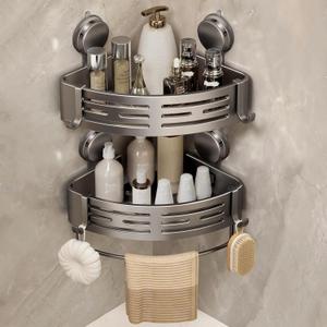 VOLPONE Corner Shower Caddy Suction Cup Shower Shelf Corner No Drilling Bathroom Shower Organizer Storage Rack Adhesive with Towel Bar Hooks (2-Pack, Matte Gray)