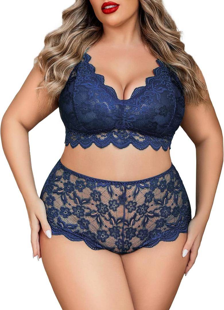 Avidlove Plus Size Lingerie Set for Women Sexy Lace Halter Bralette High Waist Panty Set (Navy Blue)