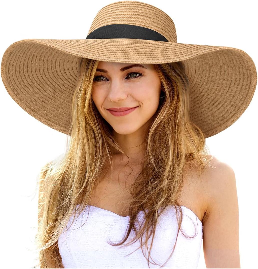Senker Fashion Sun Hats for Women Oversize Wide Brim Straw Beach Hat Floppy Foldable Roll-Up Summer Vacation UPF 50+ (Large, Khaki)