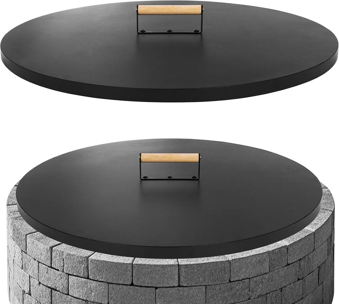 Firepit Lid Round 30 Inch, Rust Resistant Fire Pit Lid Cover Fire Pit Snuffer Lid with Wooden Handle & Gloves for Courtyards, Patio, Winter Cold Protection, Fits Fire Pits Up to 28"