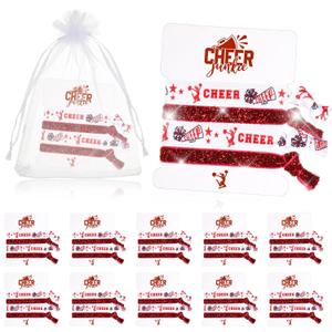 12 Pack Cheer Gifts Cheerleader Girl Hair Ties Bracelets with Organza Bags Elastic Glitter Bands Cheerleading Team Spirit Accessories Cheer Ponytail Holder for Girls Women Christmas Favor(Red)
