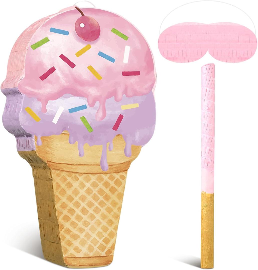 Capoda Ice Cream Piata 15.8" x 9.5" Pink Dessert Cone Shaped Piata with Stick Blindfold for Ice Cream Birthday Summer Baby Shower Wedding Party Supplies Decor