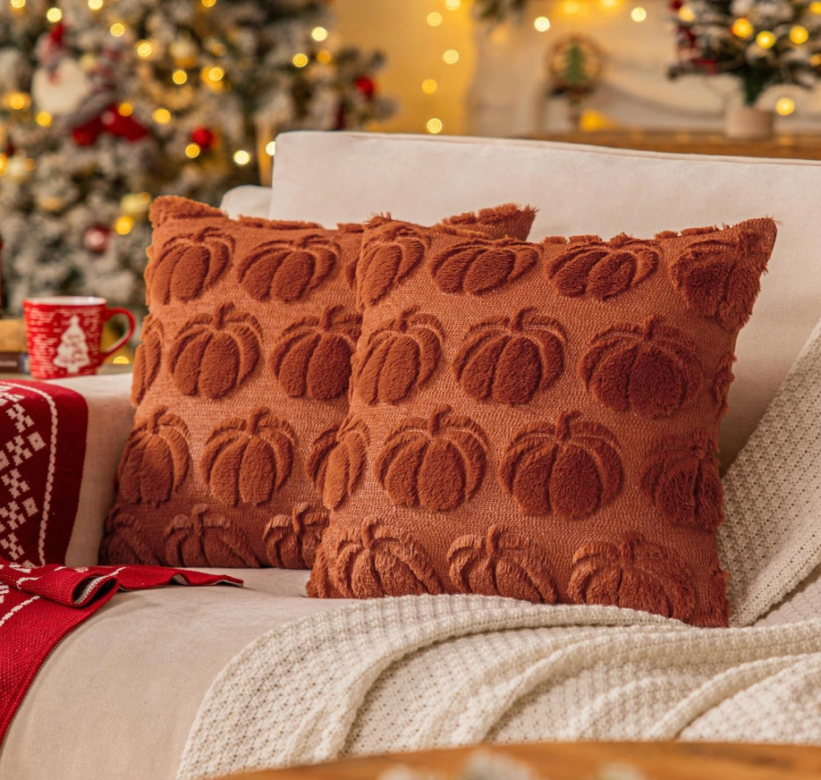 Rust Red Fall Pumpkin Decorative Throw Pillow Covers Set of 2, 18x18 Inch Soft Plush 3D Embroidered Halloween Pillow Covers for Fall Decorations Farmhouse Cushion Covers for Thanksgiving