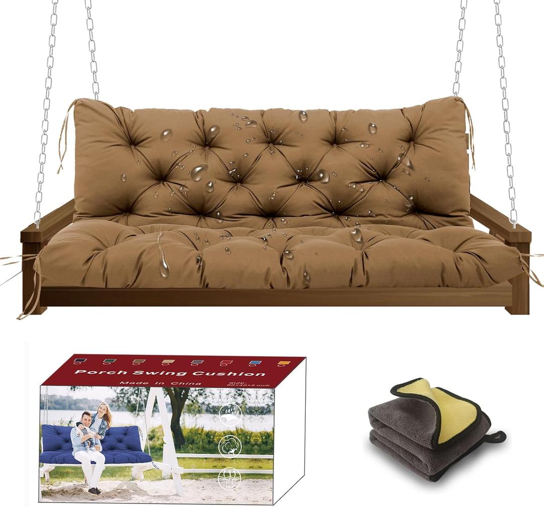 3 Seat Outdoor Swing Cushions with Cleaning Cloth - 5" Thick Waterproof UV Resistant Polyester for Wooden Patio Swing/Glider/Garden Porch Bench (60*40*5 in, Brown)
